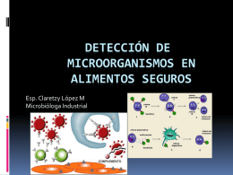 DETECCIÓN DE MICROORGANISMOS EN ALIMENTOS SEGUROS Esp. Claretzy López M Microbióloga Industrial DETECCIÓN DE MICROORGANISMOS EN ALIMENTOS SEGUROS El examen microbiológico de los alimentos y sus ingredientes.