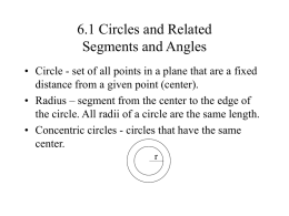 6.1 Circles and Related Segments and Angles • Circle - set of all points in a plane that are a fixed distance from.