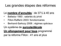 Les grandes étapes des réformes Le nombre d’annuités : de 37½ à 40 ans • • •  Balladur 1993 : salariés du privé Fillon-Raffarin 2003: fonctionnaires Bertrand-Sarkozy.