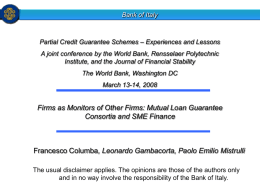 Bank of Italy  Partial Credit Guarantee Schemes – Experiences and Lessons A joint conference by the World Bank, Rensselaer Polytechnic Institute, and the.