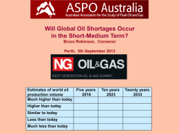 Will Global Oil Shortages Occur in the Short-Medium Term? Bruce Robinson, Convenor Perth, 5th September 2013  Estimates of world oil production volume Much higher than today  Higher.
