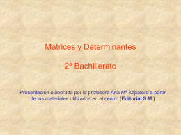 Matrices y Determinantes  2º Bachillerato  Presentación elaborada por la profesora Ana Mª Zapatero a partir de los materiales utilizados en el centro (Editorial.