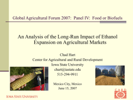 Global Agricultural Forum 2007: Panel IV: Food or Biofuels  An Analysis of the Long-Run Impact of Ethanol Expansion on Agricultural Markets Chad Hart Center.