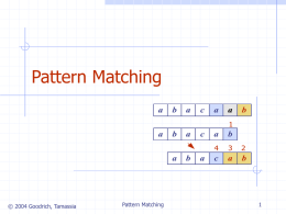 Pattern Matching a  b  a  c  a  a  b  a  b a  © 2004 Goodrich, Tamassia  Pattern Matching  a b  c a  a  b  c  a  b Strings Let P be a string of size m  A string is a sequence of characters Examples of.