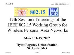 March 2002  doc.: IEEE 802.15-02/141r0  802.15 17th Session of meetings of the IEEE 802.15 Working Group for Wireless Personal Area Networks March 11-15, 2002 Hyatt Regency Union.