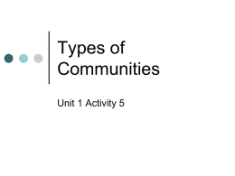 Types of Communities Unit 1 Activity 5 Three Types of Communities    Rural    Urban    Suburban Community   A community is the people living in an area or the area.