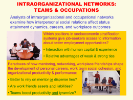 INTRAORGANIZATIONAL NETWORKS: TEAMS & OCCUPATIONS Analysts of intraorganizational and occupational networks examine how interpersonal social relations affect status attainment dynamics, careers, and workplace outcomes Which.