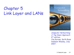Chapter 5 Link Layer and LANs  Computer Networking: A Top Down Approach  4th edition. Jim Kurose, Keith Ross Addison-Wesley, July 2007.  5: DataLink Layer  5-1