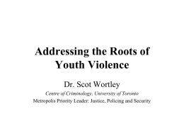 Addressing the Roots of Youth Violence Dr. Scot Wortley Centre of Criminology, University of Toronto Metropolis Priority Leader: Justice, Policing and Security.