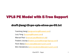 VPLS PE Model with E-Tree Support draft-jiang-l2vpn-vpls-etree-pe-05.txt Yuanlong Jiang (jiangyuanlong@huawei.com) Lucy Yong (lucyyong@huawei.com) Manuel Paul (manuel.paul@telekom.de)  Frederic Jounay (frederic.jounay@orange-ftgroup.com) Florin Balus (florin.balus@alcatel-lucent.com) Wim Henderickx (wim.henderickx@alcatel-lucent.com) 82nd IETF -