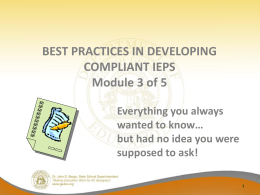 BEST PRACTICES IN DEVELOPING COMPLIANT IEPS Module 3 of 5 Everything you always wanted to know… but had no idea you were supposed to ask!