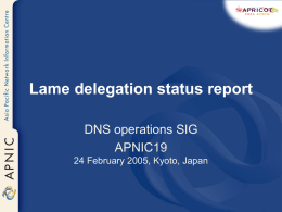 Lame delegation status report DNS operations SIG APNIC19 24 February 2005, Kyoto, Japan.