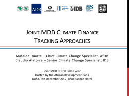 JOINT MDB CLIMATE FINANCE TRACKING APPROACHES Mafalda Duarte – Chief Climate Change Specialist, AfDB Claudio Alatorre – Senior Climate Change Specialist, IDB Joint MDB.