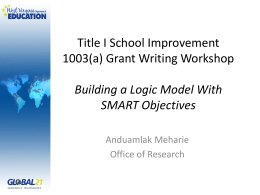 Title I School Improvement 1003(a) Grant Writing Workshop Building a Logic Model With SMART Objectives Anduamlak Meharie Office of Research.