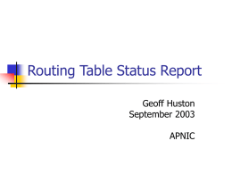 Routing Table Status Report Geoff Huston September 2003 APNIC IPv4 Routing Table Size  Data assembled from a variety of sources, Including Surfnet, Telstra, KPN and Route Views. Each.