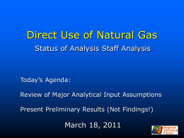 Direct Use of Natural Gas Status of Analysis Staff Analysis  Today’s Agenda: Review of Major Analytical Input Assumptions Present Preliminary Results (Not Findings!)  March 18,