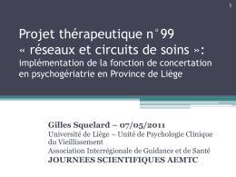 Projet thérapeutique n°99 « réseaux et circuits de soins »: implémentation de la fonction de concertation en psychogériatrie en Province de Liège  Gilles Squelard.
