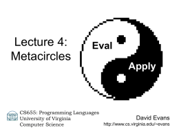 Lecture 4: Metacircles  Eval Apply  CS655: Programming Languages David Evans University of Virginia http://www.cs.virginia.edu/~evans Computer Science Menu • Recap Higher Order Procedures • Metalinguistic Abstraction  30 Jan 2001  CS 655: Lecture 4
