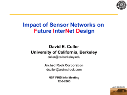 Impact of Sensor Networks on Future InterNet Design David E. Culler University of California, Berkeley culler@cs.berkeley.edu Arched Rock Corporation dculler@archedrock.com NSF FIND Info Meeting 12-5-2005