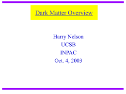 Dark Matter Overview  Harry Nelson UCSB INPAC Oct. 4, 2003 HNN  UCSB  Outline    Axions Massive Particles   Direct Detection  Weakly  Interacting  No Strongly Interacting (interesting opportunities)   See talks of Dave Cline (ZEPLIN),