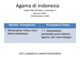 Agama di Indonesia materi PKn SD kelas 1 semester 1 disusun oleh: Arinil Janah, A.Md  Stándar Kompetensi 1.