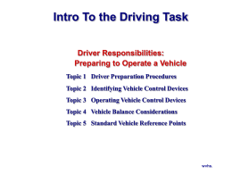 Intro To the Driving Task Driver Responsibilities: Preparing to Operate a Vehicle Topic 1 Driver Preparation Procedures Topic 2 Identifying Vehicle Control Devices Topic 3