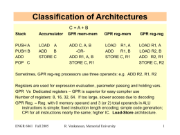 Classification of Architectures C=A+B Stack  Accumulator  PUSH A PUSH B ADD POP C  LOAD A ADD B STORE C  GPR mem-mem  GPR reg-mem  GPR reg-reg  ADD C, A, B -ORADD R1, A, B STORE C, R1  LOAD R1,