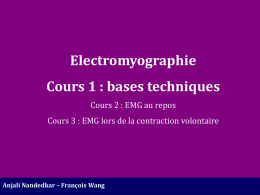 Electromyographie Cours 1 : bases techniques Cours 2 : EMG au repos Cours 3 : EMG lors de la contraction volontaire  Anjali Nandedkar –