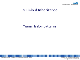 X Linked Inheritance  Transmission patterns  © 2009 NHS National Genetics Education and Development Centre  Genetics and Genomics for Healthcare www.geneticseducation.nhs.uk.