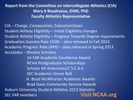 Report from the Committee on Intercollegiate Athletics (CIA) Mary K Boudreaux, DVM, PhD Faculty Athletics Representative CIA – Charge, Composition, Subcommittees Student Athlete Eligibility.