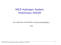 MICE Hydrogen System. Preliminary HAZOP.  Elwyn Baynham, Tom Bradshaw and Iouri Ivaniouchenkov, RAL  MICE Absorber working group meeting @ Columbia, 13 June 2003