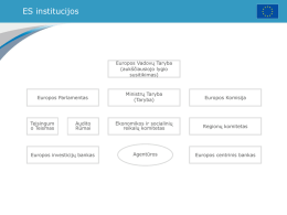 ES institucijos  Europos Vadovų Taryba (auk&scaron;čiausiojo lygio susitikimas)  Europos Parlamentas  Teisingum o Teismas  Audito Rūmai  Europos investicijų bankas  Ministrų Taryba (Taryba)  Europos Komisija  Ekonomikos ir socialinių reikalų komitetas  Regionų komitetas  Agentūros  Europos centrinis bankas.