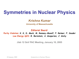 Symmetries in Nuclear Physics Krishna Kumar University of Massachusetts  Editorial Board:  Parity Violation: K.