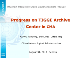THORPEX Interactive Grand Global Ensemble (TIGGE)  Progress on TIGGE Archive Center in CMA GONG Jiandong, SUN Jing，CHEN Jing  China Meteorological Administration  August 31, 2011 Geneva.