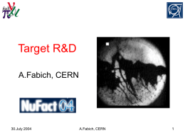Target R&D A.Fabich, CERN  30.July 2004  A.Fabich, CERN Outline • • • • • •  Introduction Solid targets Horn R&D Liquid targets Simulations TT2A target experiment CNGS target mock-up for in beam-tests at TT40 d=5mm, l=10cm carbon rod  30.July.
