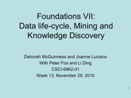 Foundations VII: Data life-cycle, Mining and Knowledge Discovery Deborah McGuinness and Joanne Luciano With Peter Fox and Li Ding CSCI-6962-01 Week 13, November 29, 2010