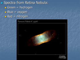   Spectra from Retina Nebula:     Green = hydrogen Blue = oxygen Red = nitrogen.