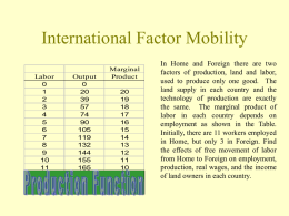 International Factor Mobility Labor1357911  Output205790119144165  Marginal Product1917151311 In Home and Foreign there are two factors of production, land and labor, used to produce only one good.