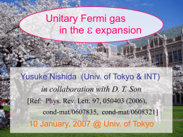 Unitary Fermi gas in the e expansion  Yusuke Nishida (Univ. of Tokyo & INT) in collaboration with D.