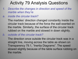 Activity 79 Analysis Questions 1.  a.  b.  Describe the changes in direction and speed of the marble when they’re inside the circular track? The marbles’ direction changed.