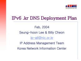 IPv6 .kr DNS Deployment Plan Feb, 2004  Seung-hoon Lee & Billy Cheon ip-all@nic.or.kr IP Address Management Team Korea Network Information Center.