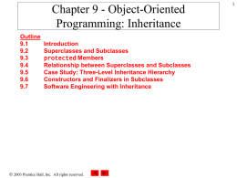 Chapter 9 - Object-Oriented Programming: Inheritance Outline 9.1 9.2 9.3 9.4 9.5 9.6 9.7  Introduction Superclasses and Subclasses protected Members Relationship between Superclasses and Subclasses Case Study: Three-Level Inheritance Hierarchy Constructors and Finalizers in Subclasses Software.