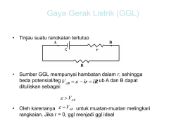 Gaya Gerak Listrik (GGL) • Tinjau suatu rangkaian tertutup  • Sumber GGL mempunyai hambatan dalam r, sehingga beda potensial/tegangan antara kutub A dan.