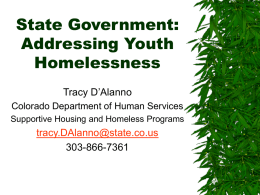 State Government: Addressing Youth Homelessness Tracy D’Alanno Colorado Department of Human Services Supportive Housing and Homeless Programs  tracy.DAlanno@state.co.us 303-866-7361