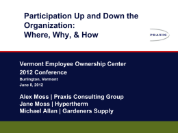 Participation Up and Down the Organization: Where, Why, & How  Vermont Employee Ownership Center 2012 Conference Burlington, Vermont June 8, 2012  Alex Moss | Praxis Consulting Group Jane.