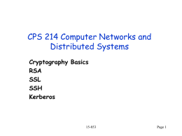 CPS 214 Computer Networks and Distributed Systems Cryptography Basics RSA SSL SSH Kerberos  15-853  Page 1 Basic Definitions Plaintext Key1  Encryption Ekey1(M) = C Cyphertext  Key2  Decryption  Dkey2(C) = M  Original Plaintext Private Key or Symmetric: Key1