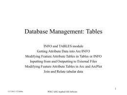 Database Management: Tables INFO and TABLES module Getting Attribute Data into Arc/INFO Modifying Feature Attribute Tables in Tables or INFO Inputting from and Outputting.