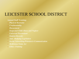 LEICESTER SCHOOL DISTRICT Annual Staff Training:  Physical Restraint  Confidentiality  Harassment  Suspected Child Abuse and Neglect  Universal Precautions  Student Records  Anti –Bullying.
