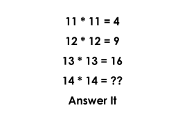11 * 11 = 4 12 * 12 = 9 13 * 13 = 16 14 * 14 = ??  Answer It.