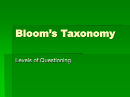 Bloom’s Taxonomy Levels of Questioning Bloom’s Taxonomy Level 1: Knowledge Recall data or information   Examples: Recite a policy.
